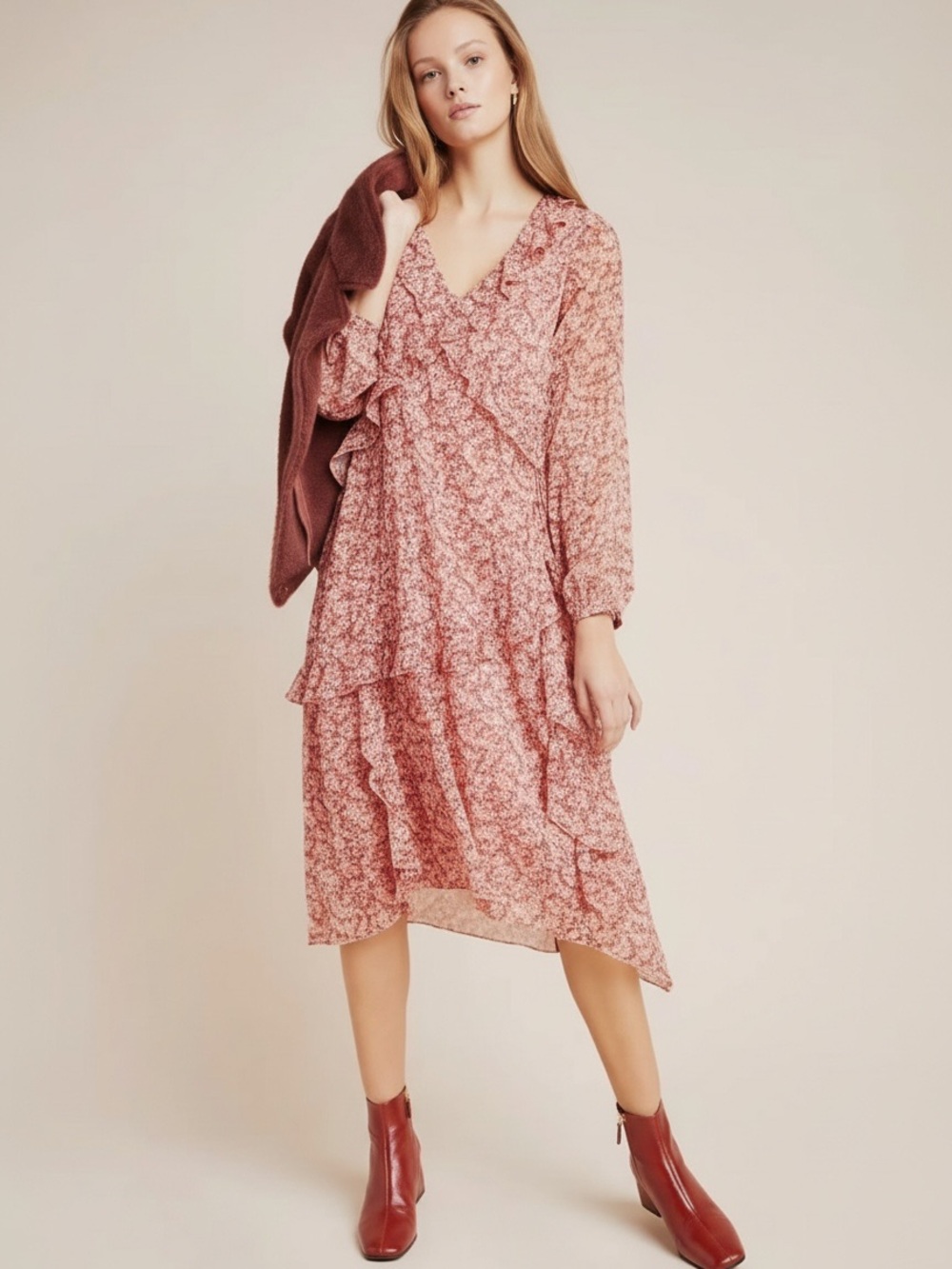 Anthropologie Maeve Sirena Ruffle Tunic Midi Dress Sz S Ditsy Floral Sheer Boho